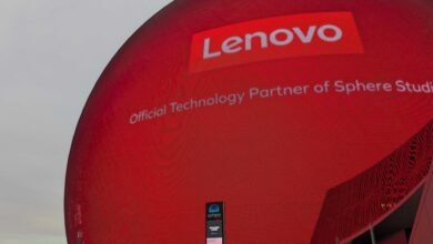 The Sphere in Las Vegas displays Lenovo partnership in bright red.