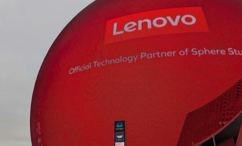 The Sphere in Las Vegas displays Lenovo partnership in bright red.