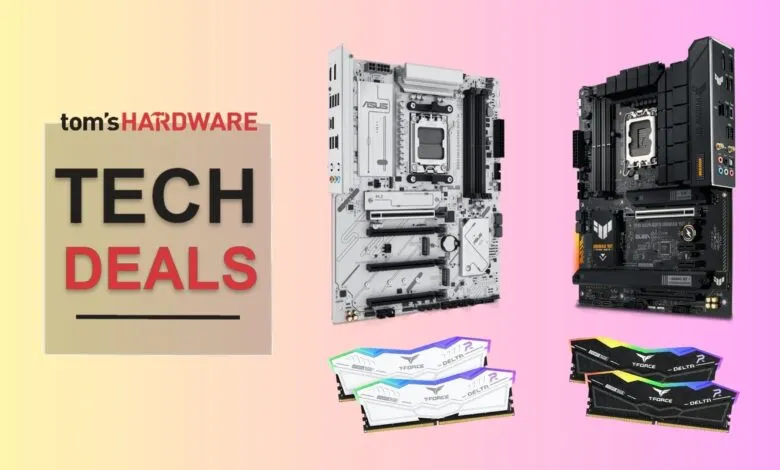 Tech deals graphic featuring motherboards and T-Force Delta RAM.