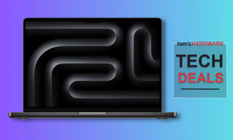 Laptop displaying abstract wallpaper next to 'Tech Deals' graphic.