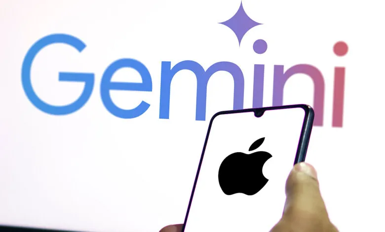 Apple iPhone displays in front of Google Gemini AI logo on a screen.