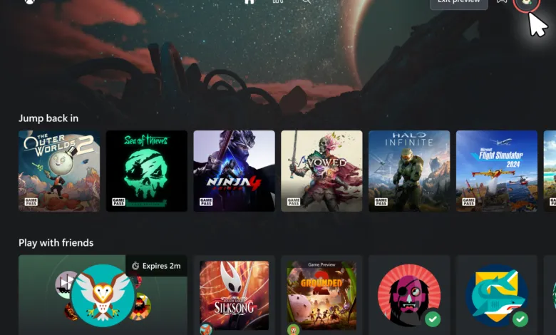 Xbox dashboard interface with game tiles and user profile icon highlighted.