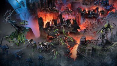 Warhammer 40k Necrons and Space Marines battle on a tabletop terrain.