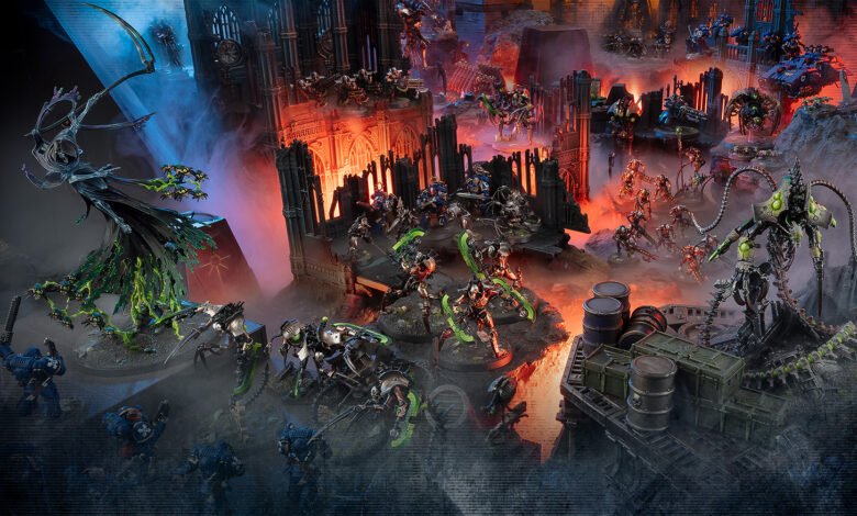 Warhammer 40k Necrons and Space Marines battle on a tabletop terrain.
