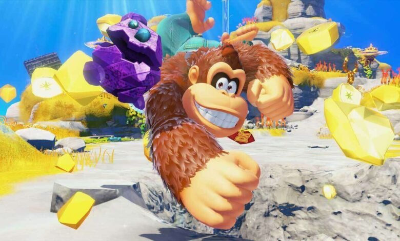 Donkey Kong in a 3D game environment with floating objects.