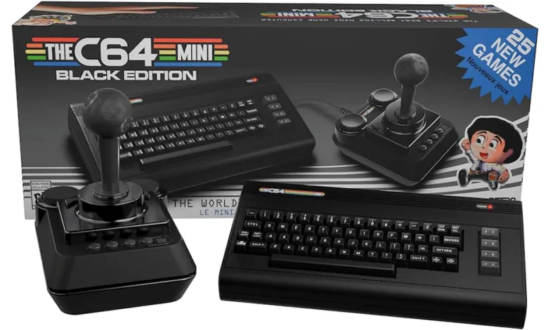 Commodore 64 Mini Black Edition with joystick and box.
