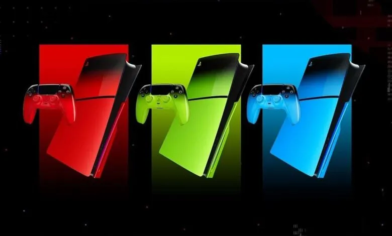 Three PlayStation 5 consoles and controllers in red, green, and blue.