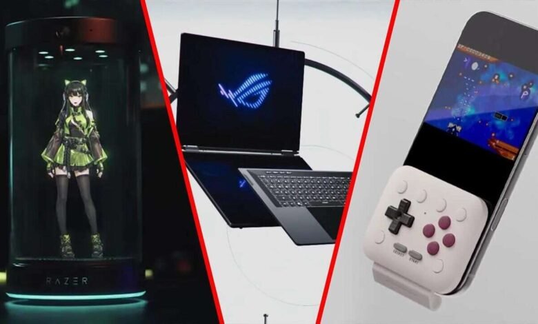 Collage of Razer figure, ROG laptop, and phone with controller.