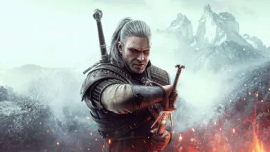 Geralt of Rivia, the Witcher, poses with swords in a fantasy landscape.