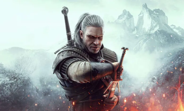 Geralt of Rivia, the Witcher, poses with swords in a fantasy landscape.
