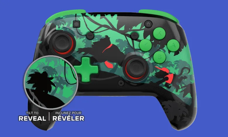 Donkey Kong themed Nintendo Switch controller with jungle design.