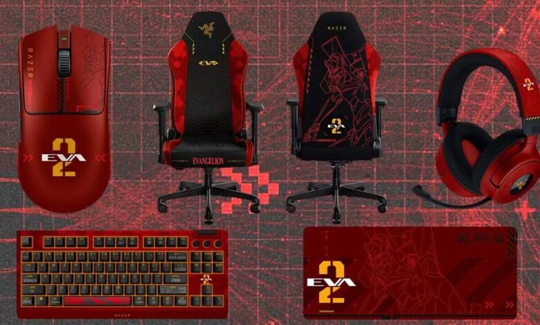 Razer Evangelion gaming peripherals: mouse, chair, keyboard, headset, mousepad.