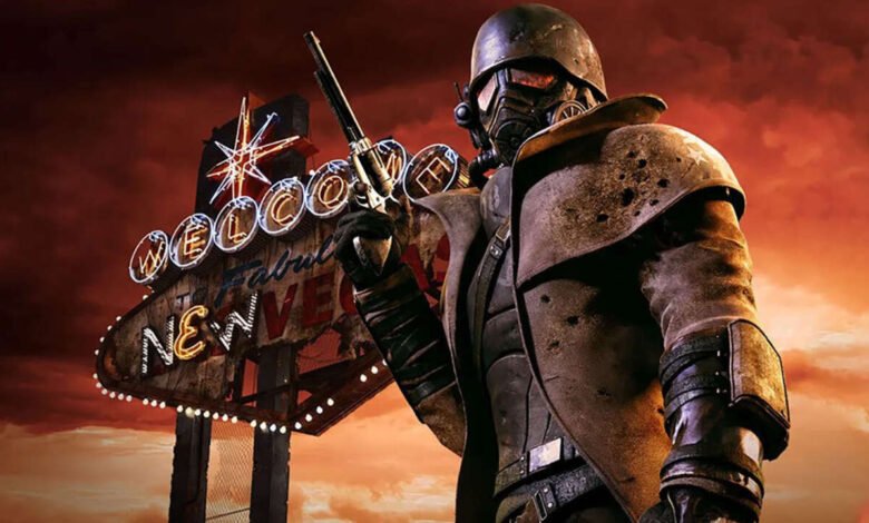 Fallout New Vegas character stands before the iconic Las Vegas sign.