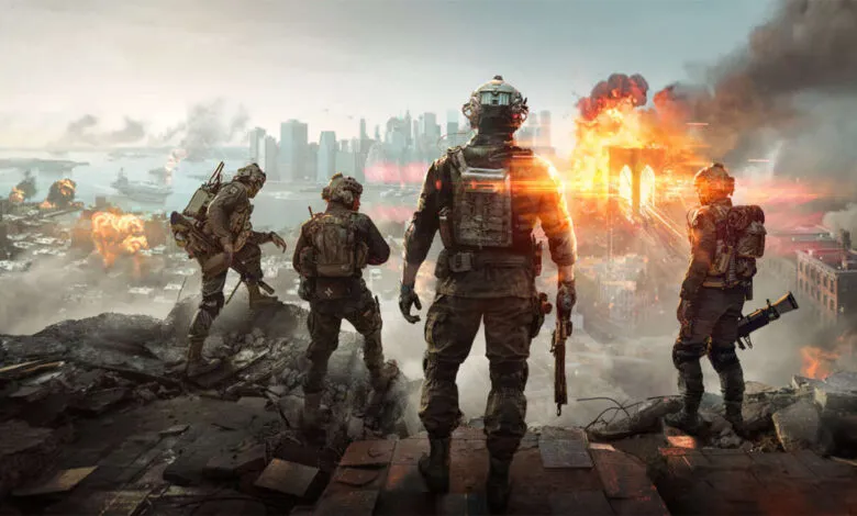 Soldiers stand amidst destruction, overlooking a burning city skyline.
