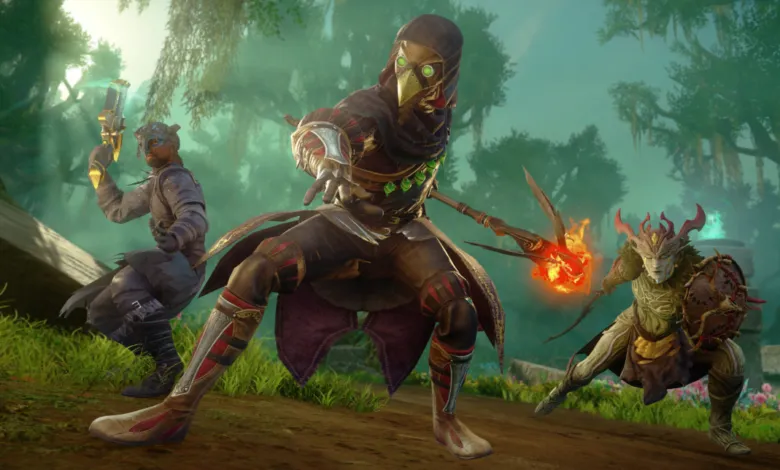 Three fantasy characters stand ready in a lush, misty forest environment.