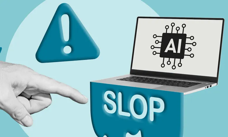 AI Slop warning with laptop, hand, and exclamation point on blue background.