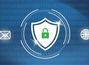 Cybersecurity shield with padlock icon on binary code background.