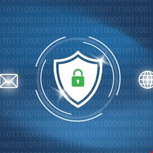 Cybersecurity shield with padlock icon on binary code background.