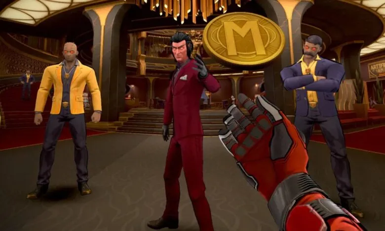 First-person view of a game with characters in suits and a large coin.