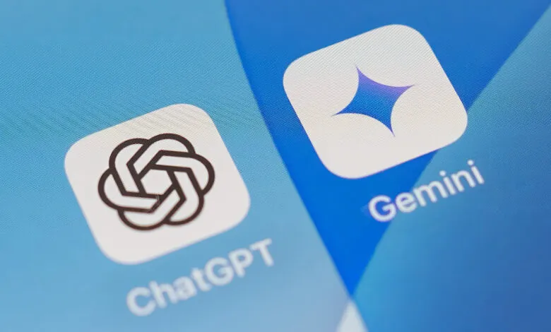 Close-up of ChatGPT and Gemini app icons on a blue smartphone screen.