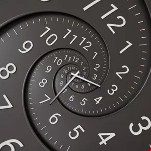 Clock face with a spiral effect, creating a sense of infinite time.
