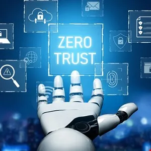 Robot hand points to 'Zero Trust' surrounded by security icons on a blue background.