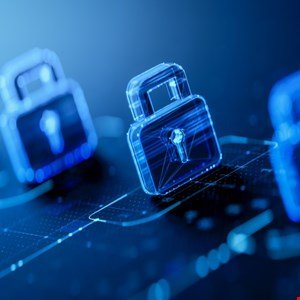 Three glowing blue padlock icons representing digital security.