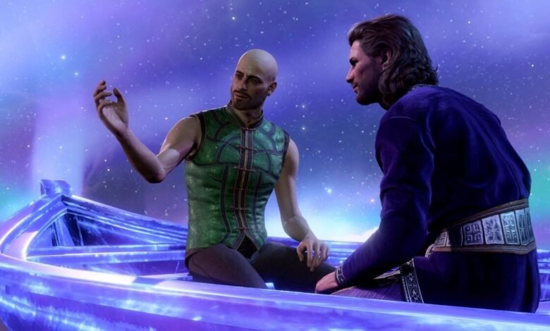 Two men in a glowing boat against a starry sky.