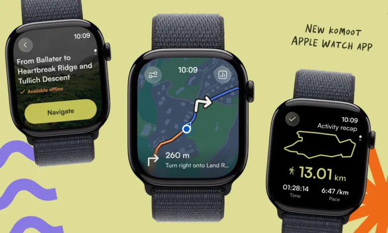 Three Apple Watches displaying Komoot app features for navigation and activity tracking.