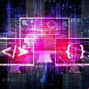 Three computer screens display code and data streams in a vibrant, abstract digital landscape.