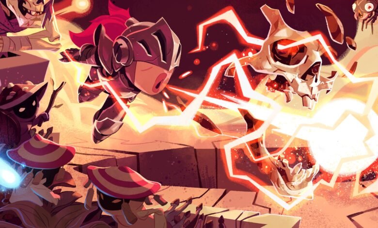 Cartoon knight battles monsters with lightning in a vibrant, stylized scene.