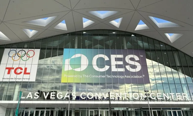 Las Vegas Convention Center entrance with CES and Olympic partner ads.