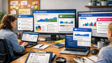 Two people collaborate on SEO analysis using multiple screens and tools.