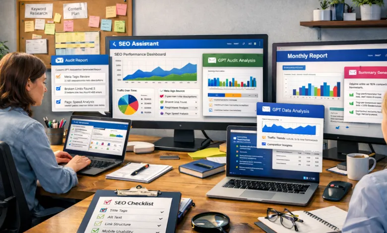 Two people collaborate on SEO analysis using multiple screens and tools.