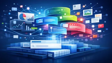 Abstract AI visibility tools illustration with charts, graphs, and social media icons.