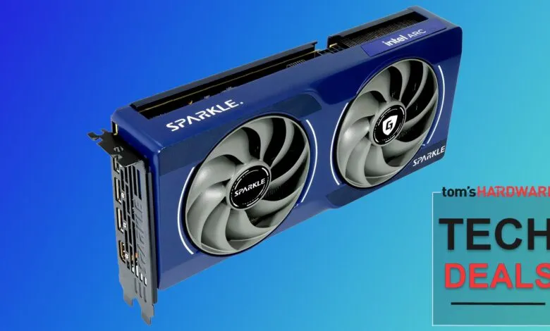 Sparkle Intel Arc A750 graphics card with dual fans and blue casing.