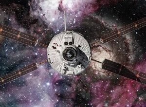 Spacecraft with solar panels against a backdrop of a colorful nebula.