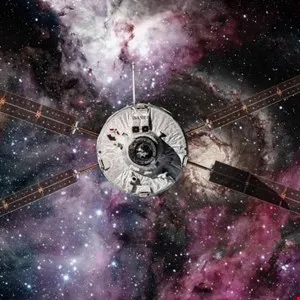 Spacecraft with solar panels against a backdrop of a colorful nebula.