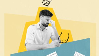 Black and white image of a tired man with glasses in a colorful collage.