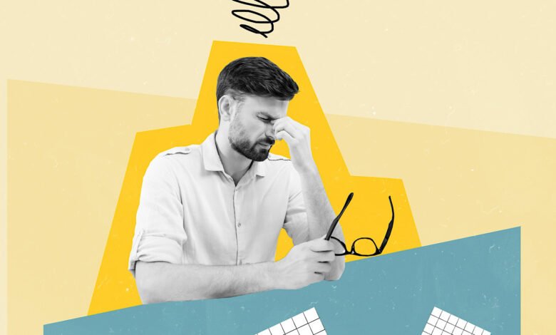 Black and white image of a tired man with glasses in a colorful collage.