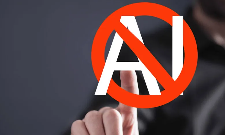 Person pressing a 'No AI' symbol, indicating opposition to artificial intelligence.