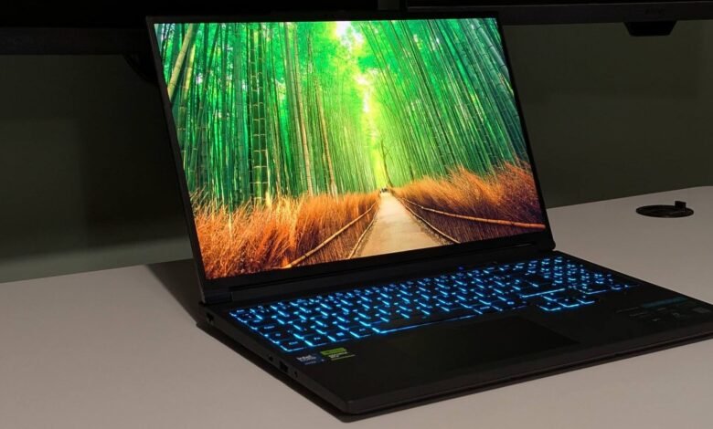 Black gaming laptop displays bamboo forest scene with blue backlit keyboard.