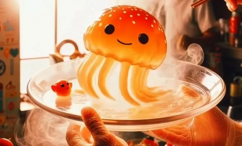 Stylized jellyfish ramen with smiling face, held over steaming broth.