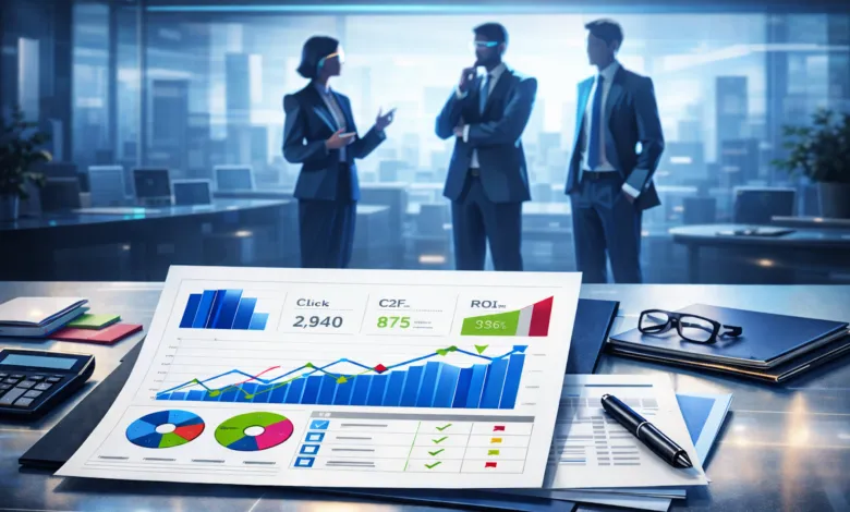 Business report showing charts, graphs, and key metrics on a desk with colleagues in background.