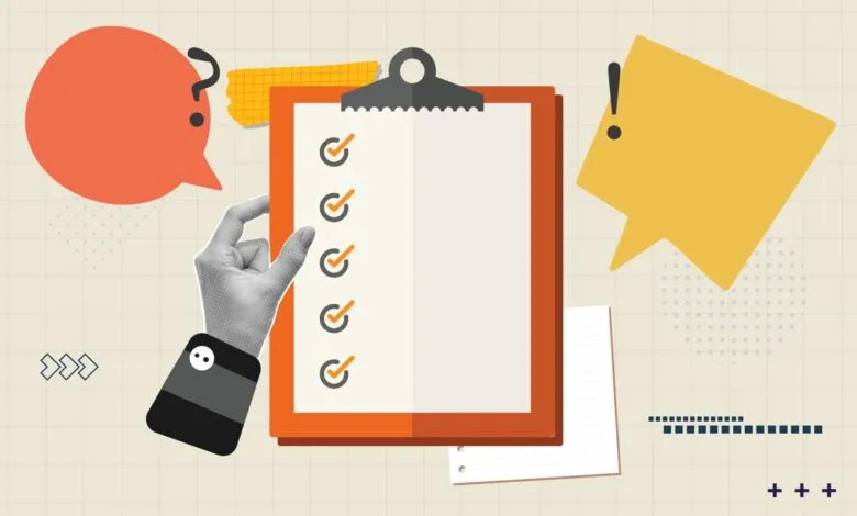 Orange clipboard with checklist, hand, and speech bubbles on patterned background.