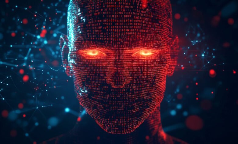Digital human face formed from binary code, glowing red eyes, tech concept.