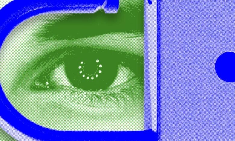 Stylized green eye with blue padlock, security concept.