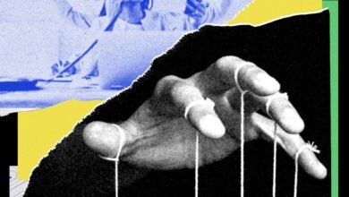 Hand manipulated by strings, overlaid on a business scene.