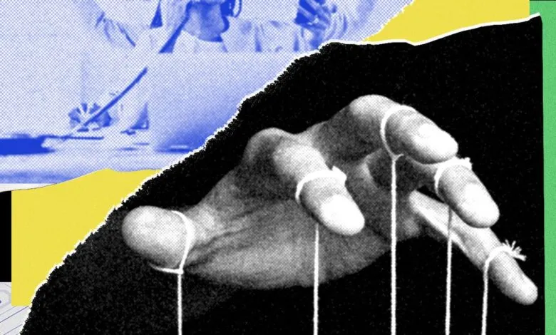 Hand manipulated by strings, overlaid on a business scene.