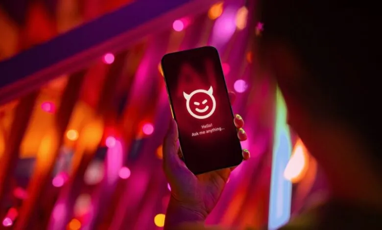 Hand holds phone displaying a devil-horned AI chatbot icon.